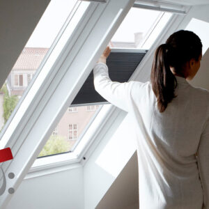 Frau bedient Velux Wabenplissee FHC